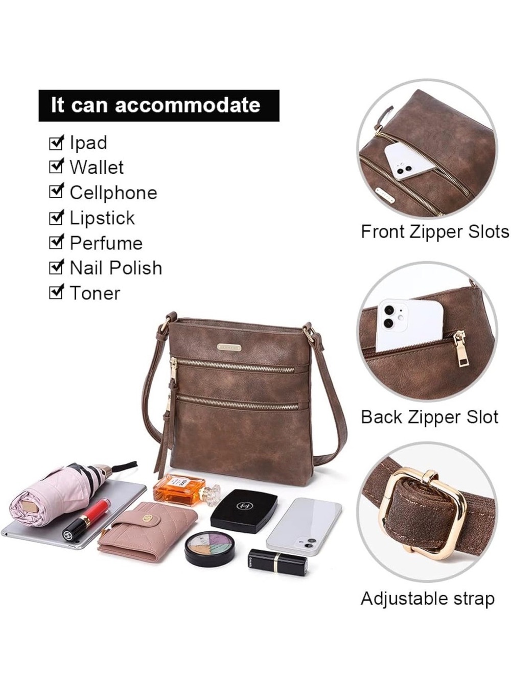 CLUCI Coffee Brown Multi-Zip Crossbody Bag - Picture 4 of 6
